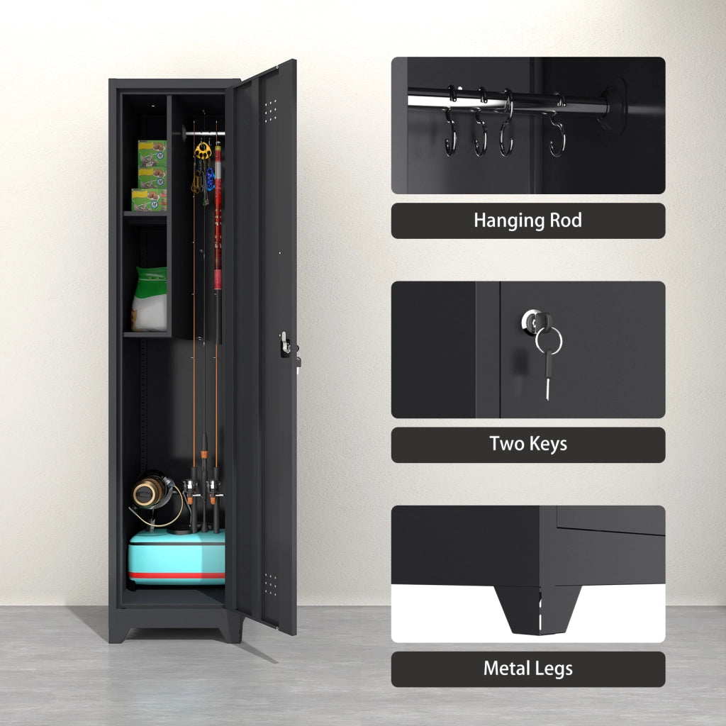 Armadio portascopa slim in metallo nero con 4 scomparti e aste regolabili