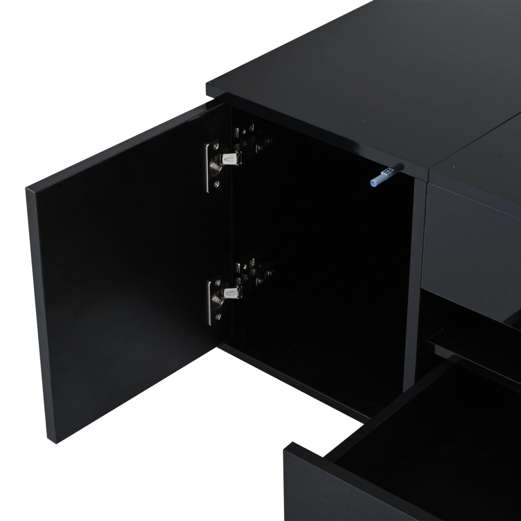 Tavolino da salotto 95x50x40 cm; piano sollevabile con LED e vani portaoggetti; truciolare; nero lucido
