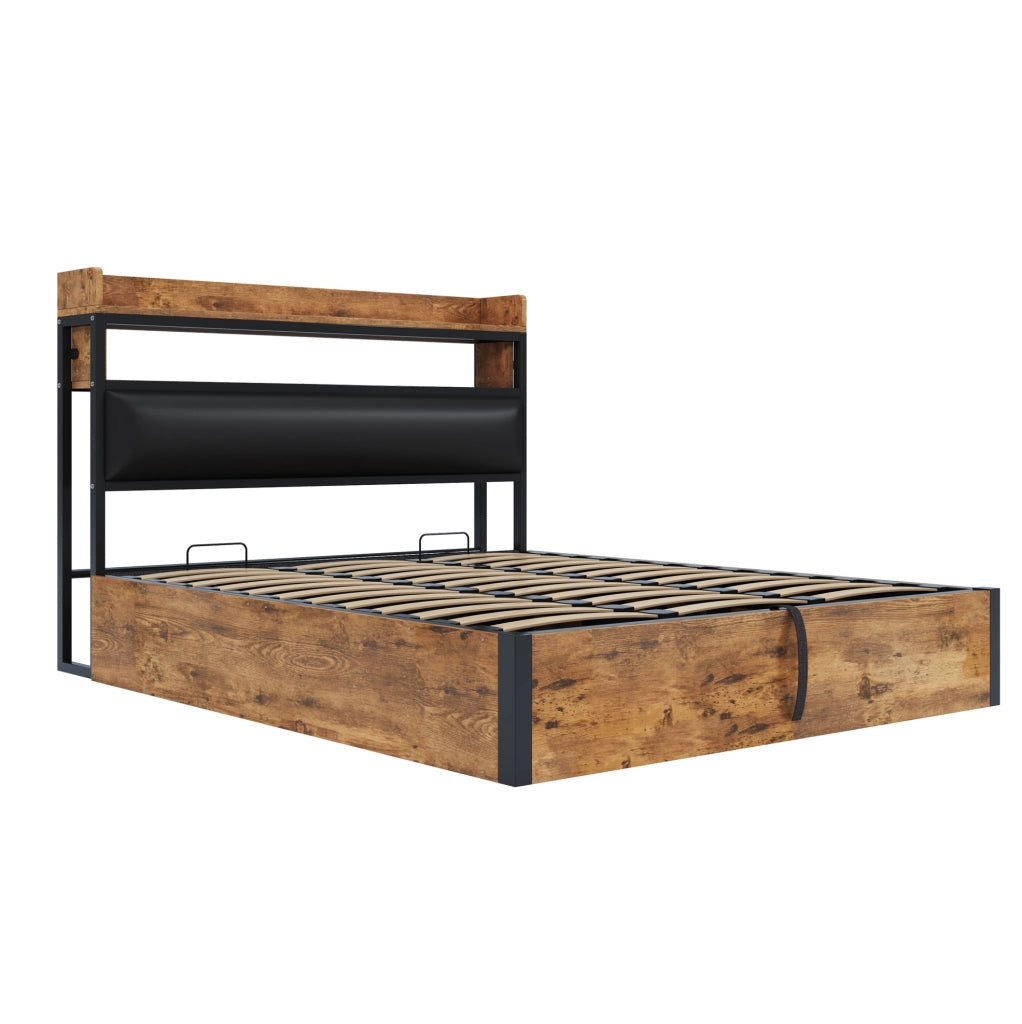Letto 180x200 cm con contenitore; USB e testiera imbottita in metallo; MDF e tessuto nero