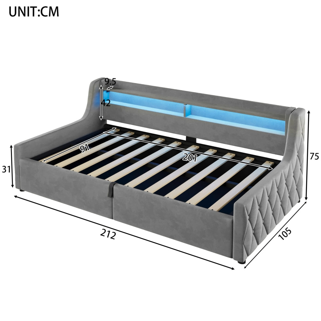 Letto imbottito ULEVR 90x200 cm con contenitore e testiera LED multicolore, grigio