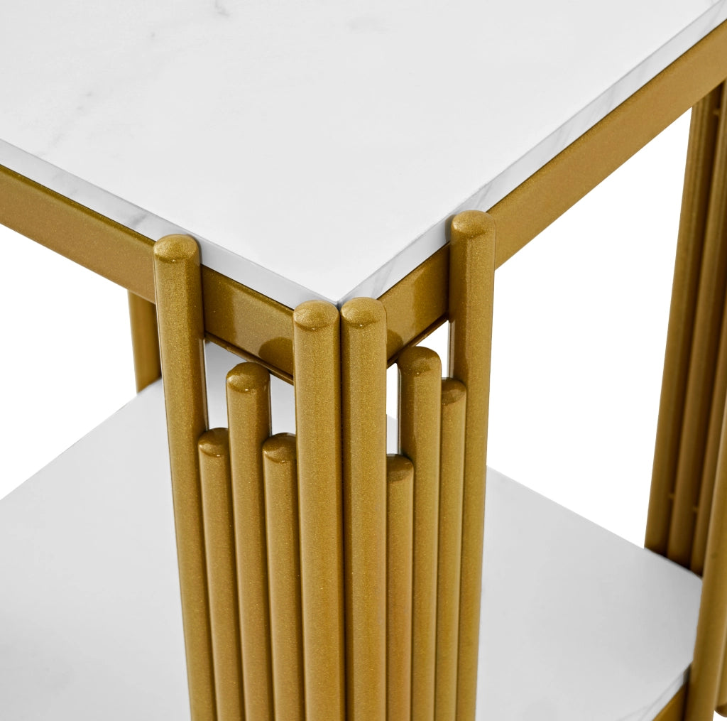 Tavolino con 2 ripiani in MDF effetto marmo e metallo; bianco e oro