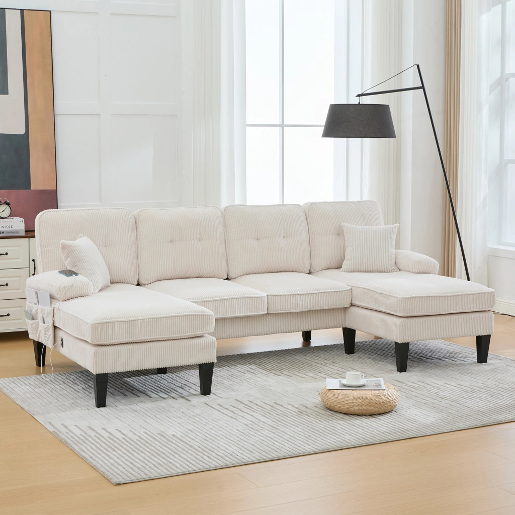 Divano panoramico a U 4 posti con tasche laterali e porte USB, in Velluto a coste, Beige