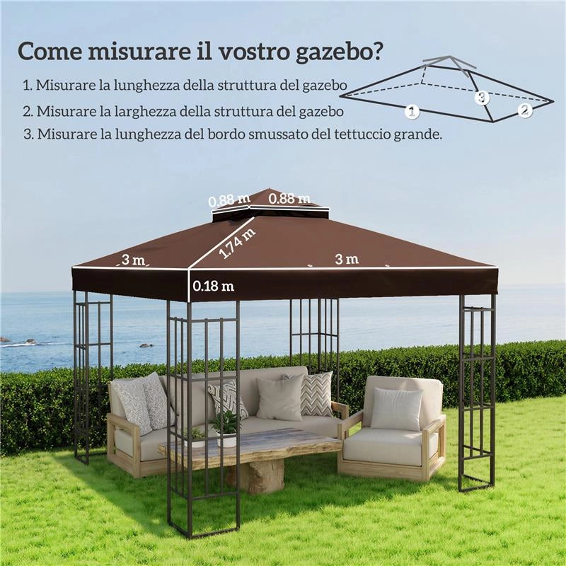 COPERTURA PER GAZEBO DA GIARDINO 3X3M UPF30+ A 2 LIVELLI IN POLIESTERE COLOR CAFFÈ