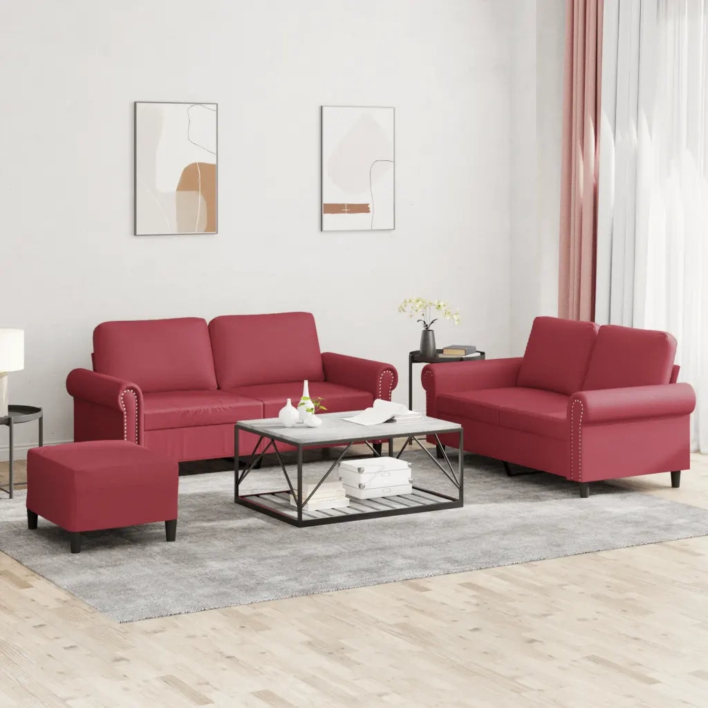 Set di Divani 3 pz con Cuscini Rosso Vino in Similpelle
