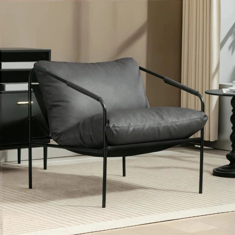 POLTRONA DA SALOTTO IN PELLE PU E TELAIO IN METALLO CON CUSCINI SPESSI, 74.5X75X77 CM, GRIGIO CARBONE