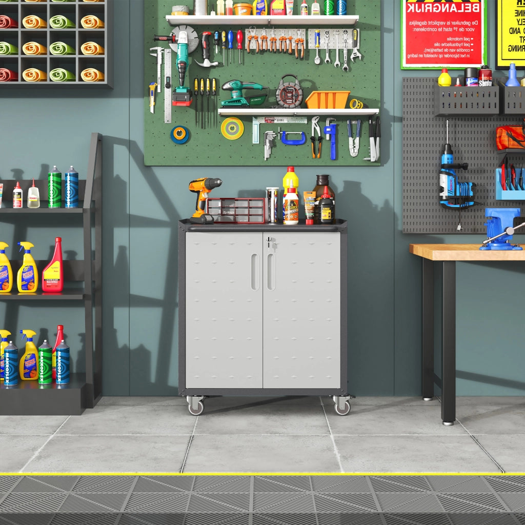 Armadio in metallo per garage con ruote, 75 x 42 x 88 cm, chiudibile, per utensili e uso multifunzione