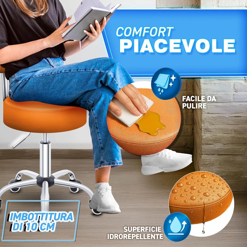 Sgabello con rotelle con schienale arancione | Sgabello da lavoro regolabile in altezza 46-58 cm | Sgabello girevole con rotelle | Sedia da ufficio sgabello sedia girevole sgabello per