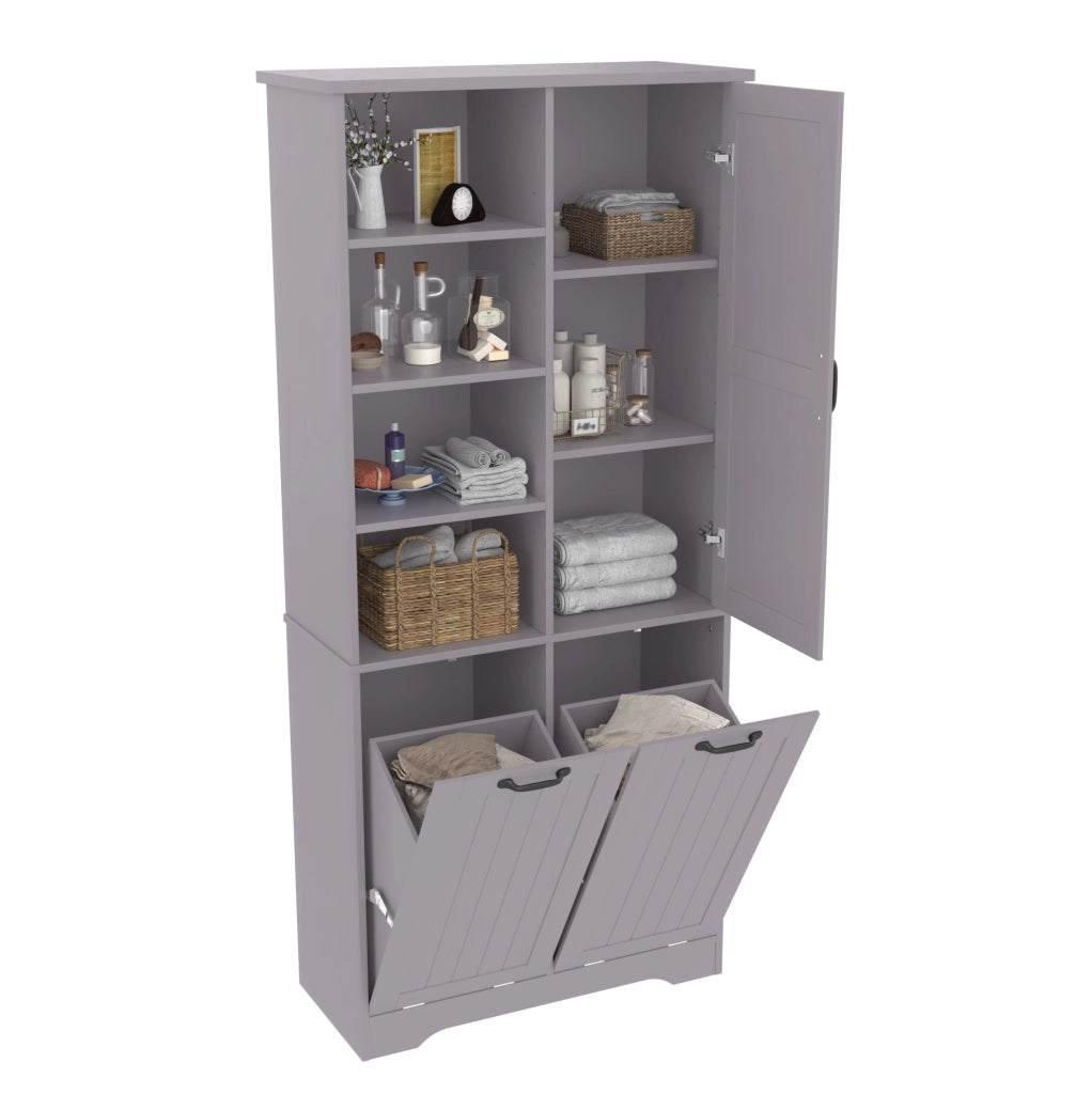 Armadio da bagno in MDF grigio con 2 cesti portabiancheria