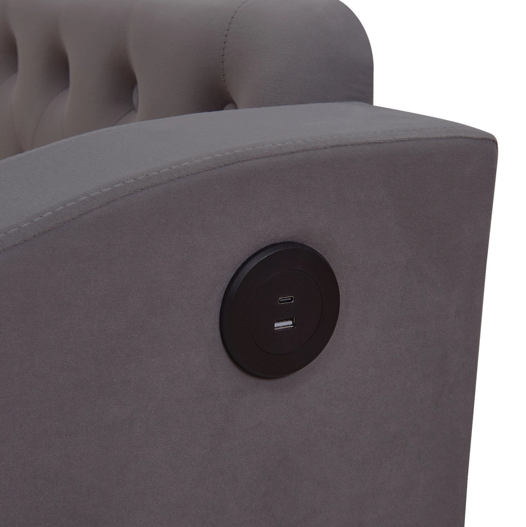 Divano letto imbottito estraibile 90x190/180x190 cm in velluto grigio con USB e Type-C