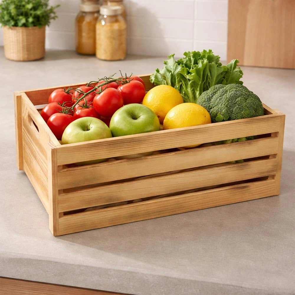 Cassettina Contenitore Portaoggetti in Legno Fiammato con manici cm 39x29x h15