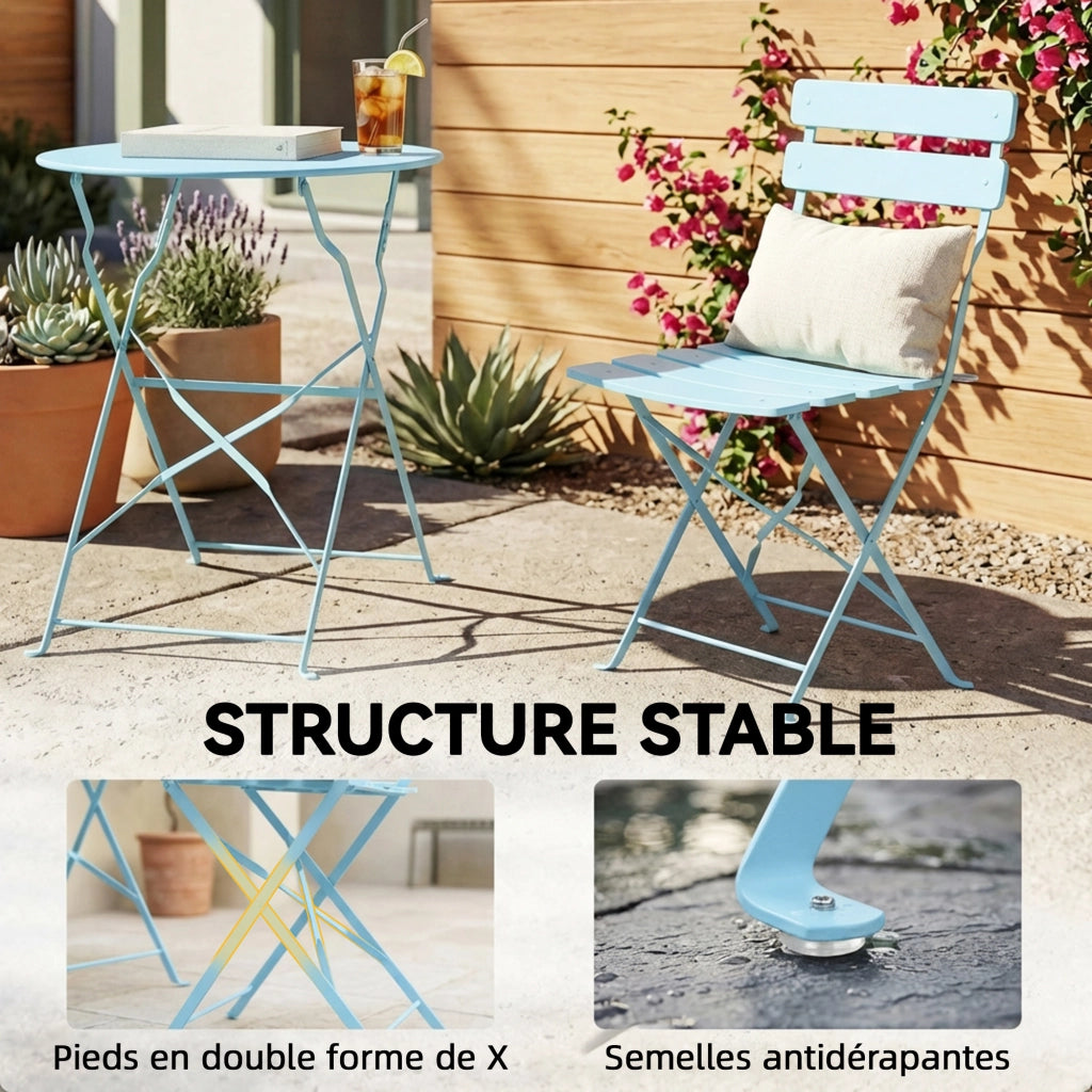 Set Bistrot da Giardino 3 Pezzi ¨C zephmum ¨C Tavolo e 2 Sedie Pieghevoli, Legno, Blu Chiaro