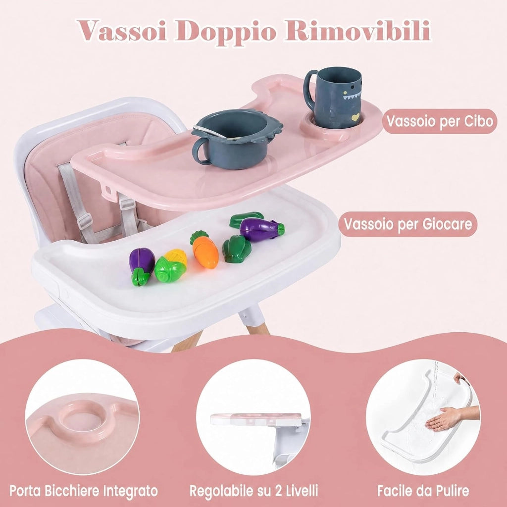 Seggiolone Pappa Pieghevole 4 in 1 con Cuscino di Seduta (Rosa) | Seggiolone per Neonati 6-36 Mesi con Vassoi Rimovibili, Portabicchieri, Cintura di Sicurezza e Gambe in Legno