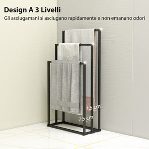 Portasciugamani da Terra a 3 Bracci Autoportante 45x21.5x85 cm in Acciaio Nero