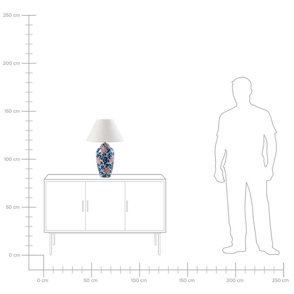 Lampada da tavolo Base in porcellana bianca e blu Paralume a campana in lino con patten floreale Illuminazione elegante