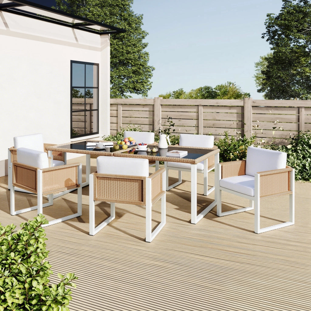 Set tavolo e sedie da esterno 1 tavolo + 6 sedie con cuscini in rattan sintetico; vetro e tessuto marrone e bianco
