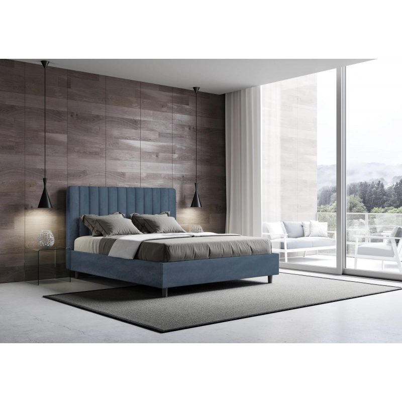 Letto imbottito Matrimoniale 160x210 cm Agueda - Contenitore,Microfibra,Blu