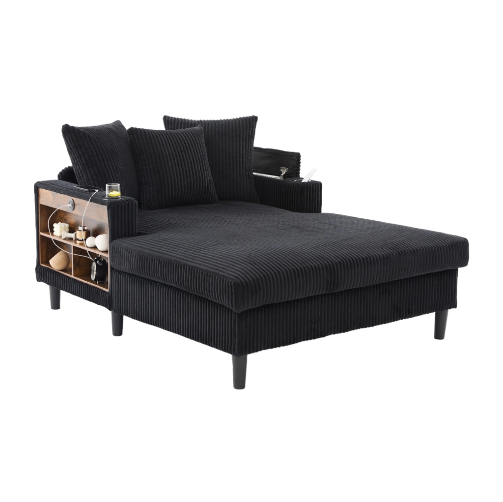 Chaise longue in velluto a coste nero con LED e USB