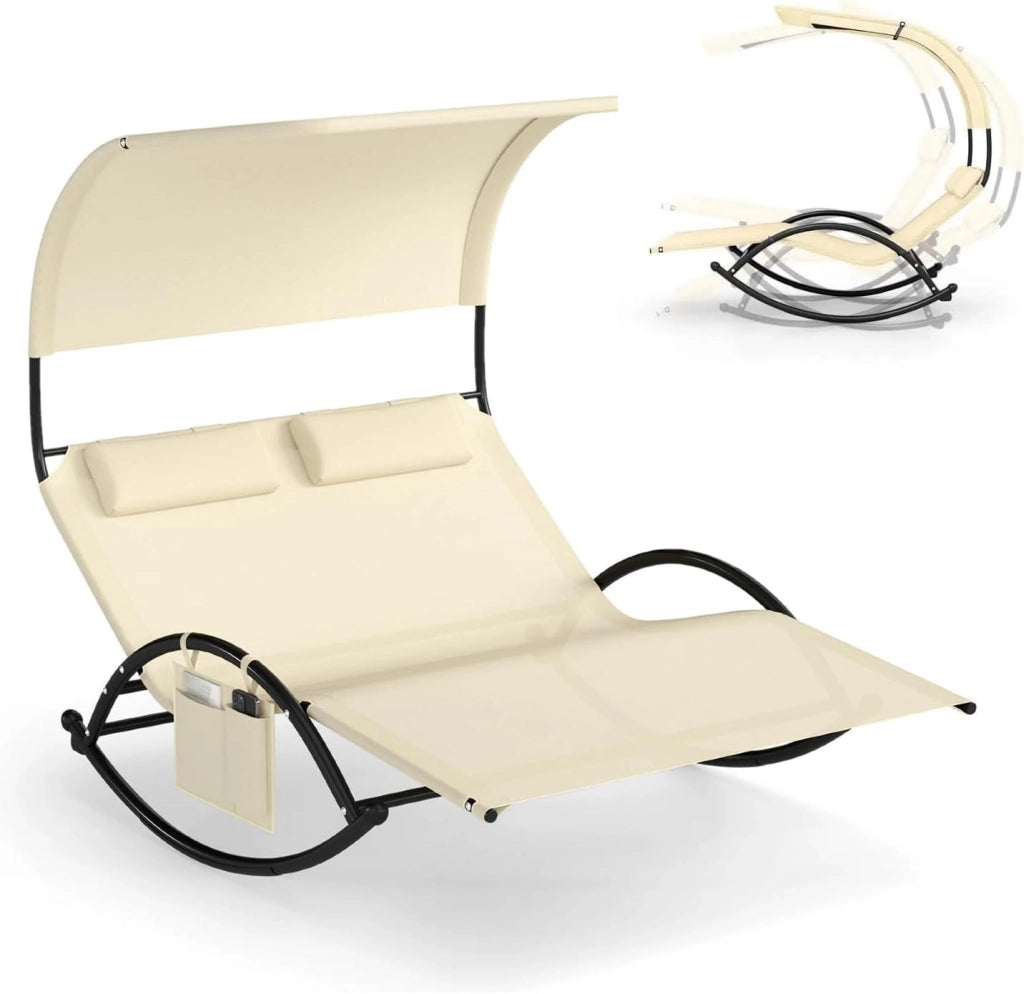 Lettino Prendisole a 2 Posti, Fino a 300 kg, con Tettuccio e Poggiatesta, Sdraio a Dondolo in Tessuto Textilene e Struttura Metallica, per Giardino, Patio, Terrazza, Piscina (Beige)