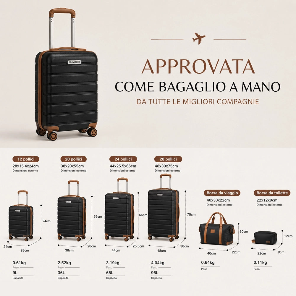 Set 6 Pezzi Valigie Rigide Family in ABS Beauty Case Nero e Marrone 55/66/75cm