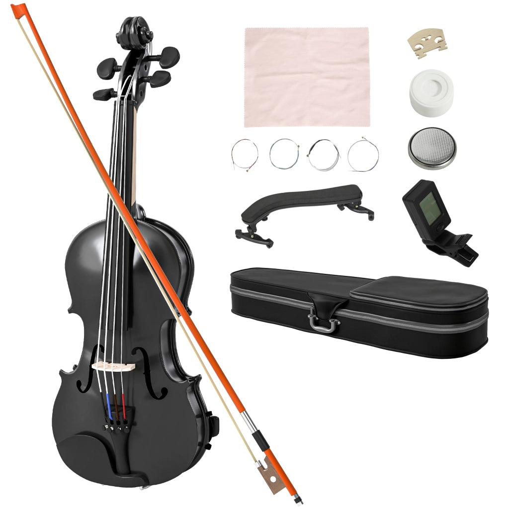 Violino 4/4 in Legno di Abete e Acero con Custodia, Arco, Spalliera e Pece, Nero