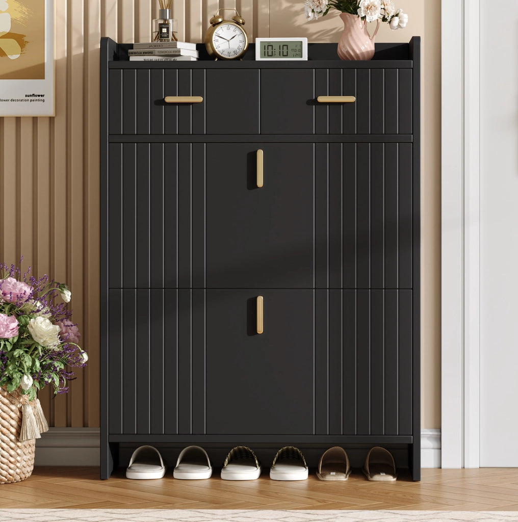 Scarpiera stretta con 2 ante a ribalta; 1 cassetto e ripiano aperto; 75x24x108;5 cm; nera