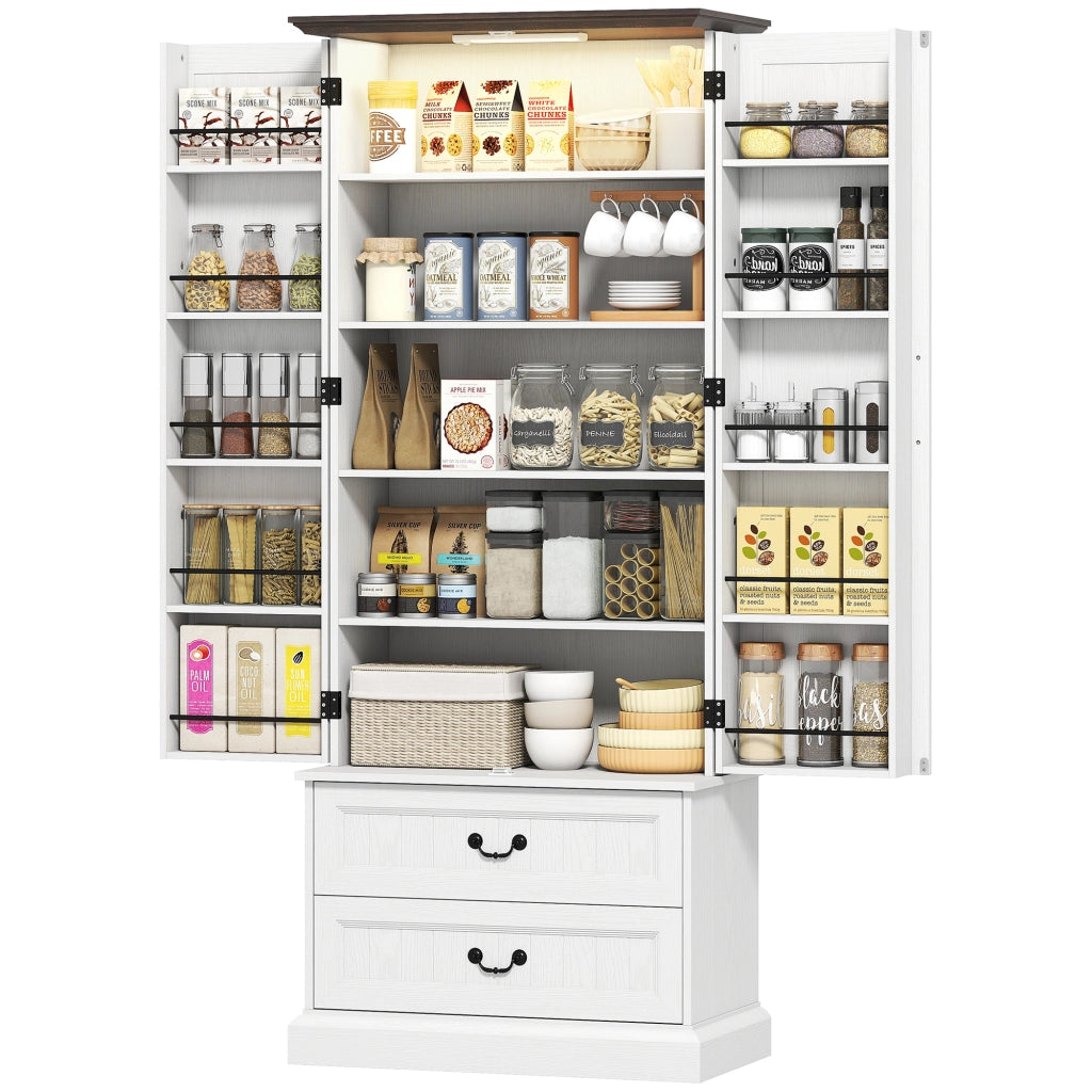 Armadio da cucina ¨C zephmum ¨C 2 ante, cassetti, ripiani regolabili, LED, 76x39.5x183cm, bianco