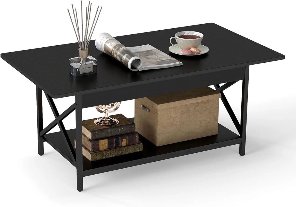 Tavolino a 2 Livelli a Forma di X, Tavolo da Caffè in Stile Industriale, Moderno per Soggiorno, Ufficio, Camera da Letto, Gambe Regolabili, 110x60x48cm, 2 Colori