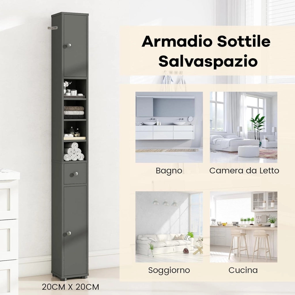Mobile Bagno Alto Stretto, Mobiletto Colonna Salvaspazio con 1 Cassetto, 5 Ripiani Regolabili e Struttura Antiscivolo, Mobile a Terra per Ingresso, 20 x 20 x 180 cm (4 Ripiani, Grigio)