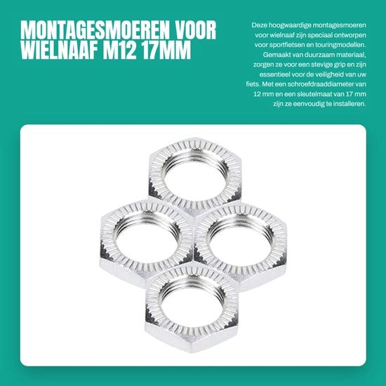Montaggi a M12x1.5 - 4 pezzi - Alta qualità alluminio - Per nastro di trasmissione - Adatto per chiave a 17 mm - Duraturo e resistente - Viti per ruote