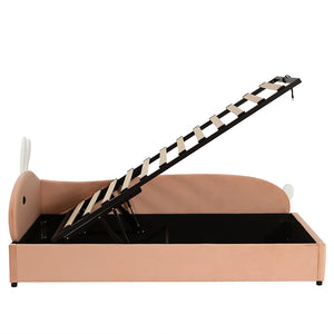 Letto Singolo Bambino Idraulico con Testiera Coniglio 90x200cm - Xylo - Velluto Rosa Lato Destro