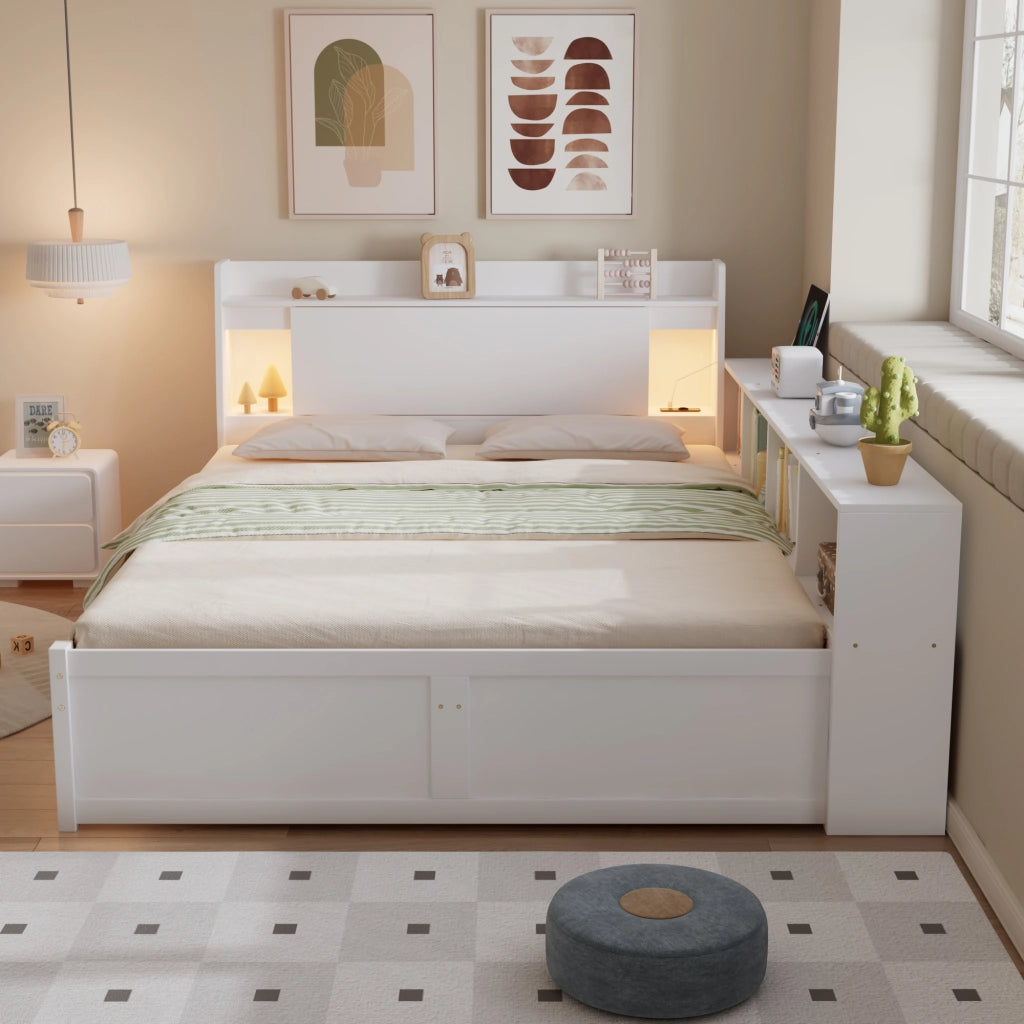 Letto Matrimoniale 140x200 cm con Testiera Contenitore; 2 Luci; Presa; Cassetti - Bianco
