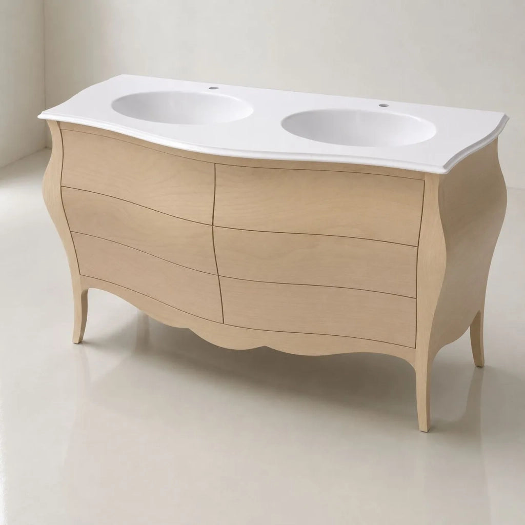 Mobile bagno 6 cassetti bombato con doppio lavello legno grezzo 162x58x83 - Mobili 2G