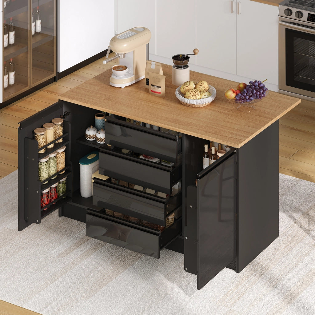 Isola Cucina con Piano Allungabile ¨C MINIMAL ¨C 4 Cassetti, 2 Ante, Nero, Effetto Legno, 140 cm