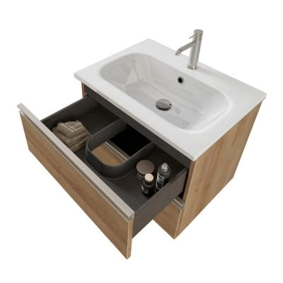 Mobile bagno sospeso 60 cm rovere miele con lavabo e specchio contenitore Master
