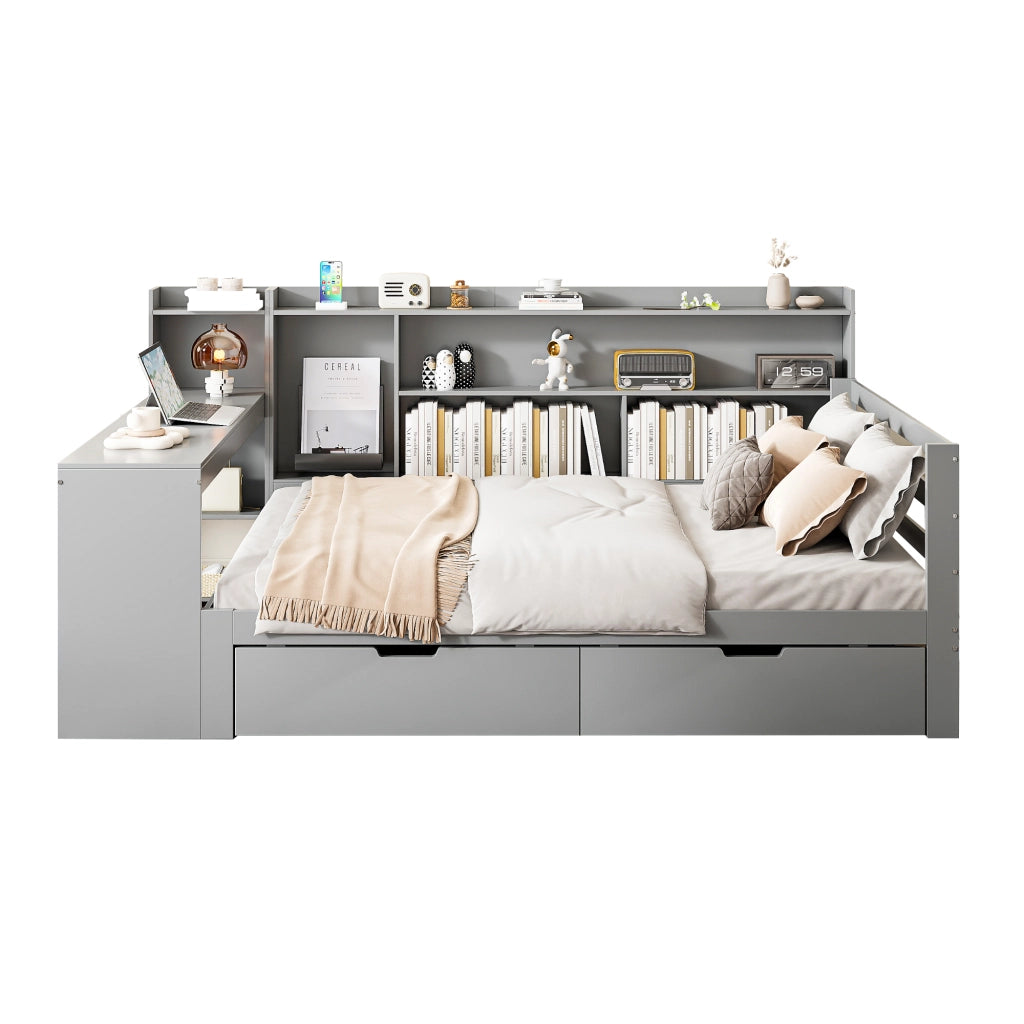 Letto a Soppalco con Scrivania e Libreria ¨C MINIMAL ¨C Legno Massello Grigio 140x200