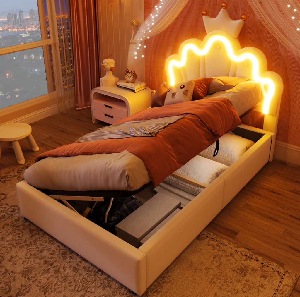 Letto singolo a corona 90x200 cm con LED e contenitore, bianco