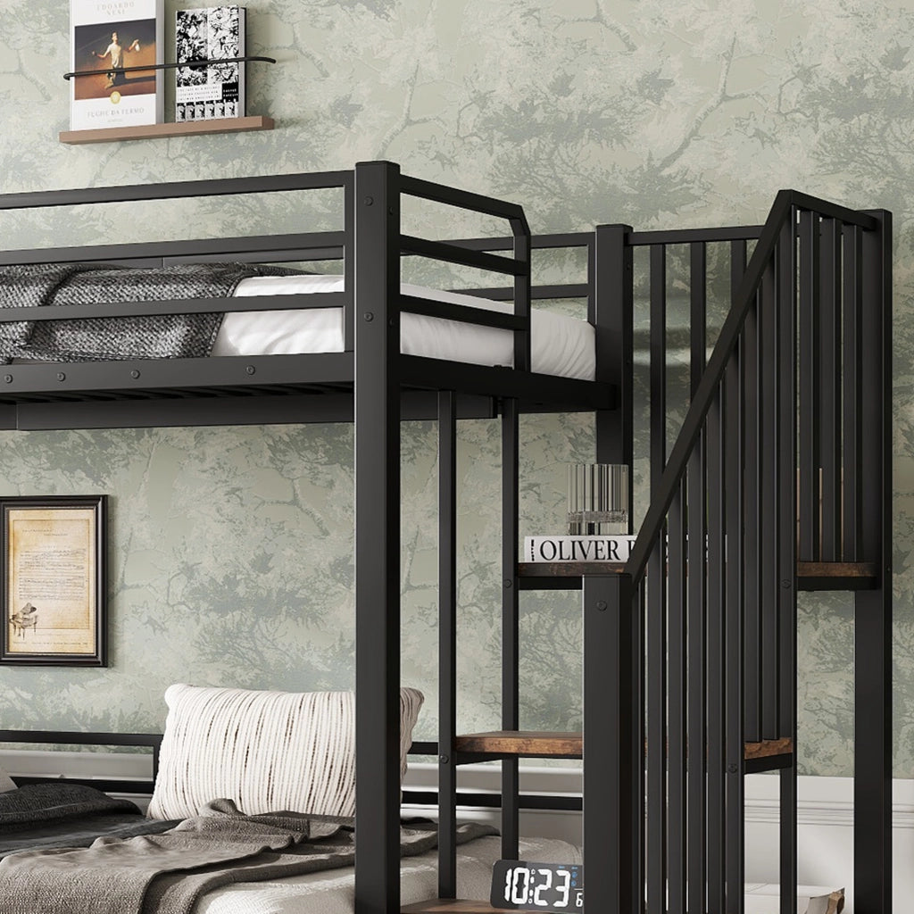 DESMIU Letto a castello 90 × 200 cm e 120 × 200 cm, 2 posti, con scala angolare, senza materasso, nero