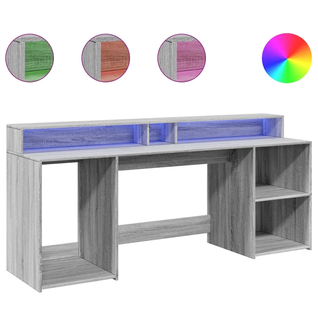 Scrivania con Luci LED Grigio Sonoma 200x55x91cm in Truciolato