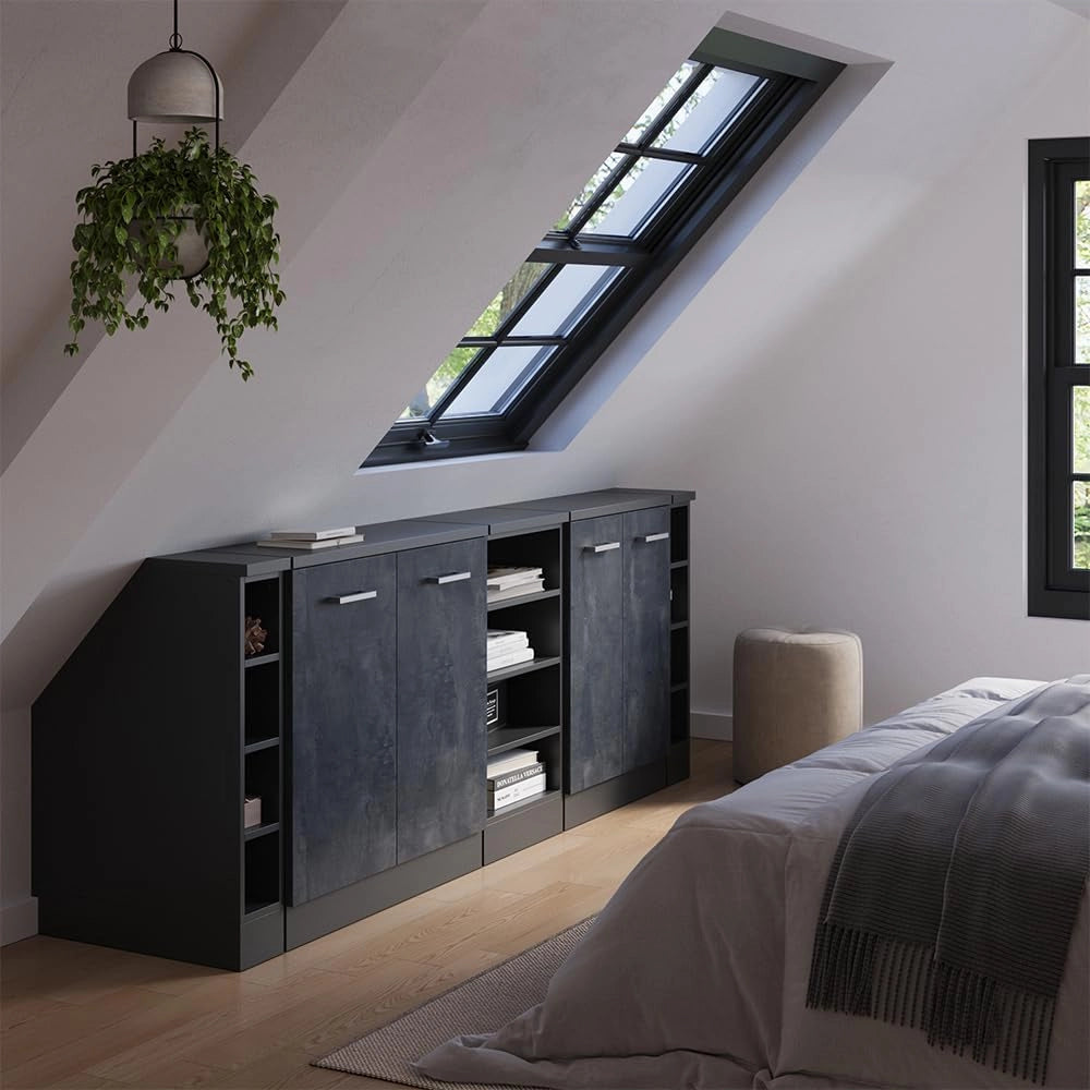 Set di mobili sottotetto Rion, Calcestruzzo nero, 210 cm Set di 5 carcasse armadio profondità 60 cm, adatto per il salvaspazio sotto tetti spioventi