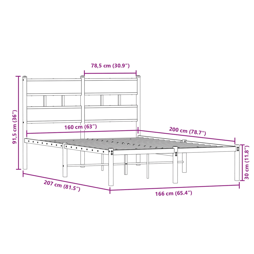 Letto matrimoniale | Letto per adulti | Giroletto senza Materaso in Metallo Rovere Fumo 160x200 cm