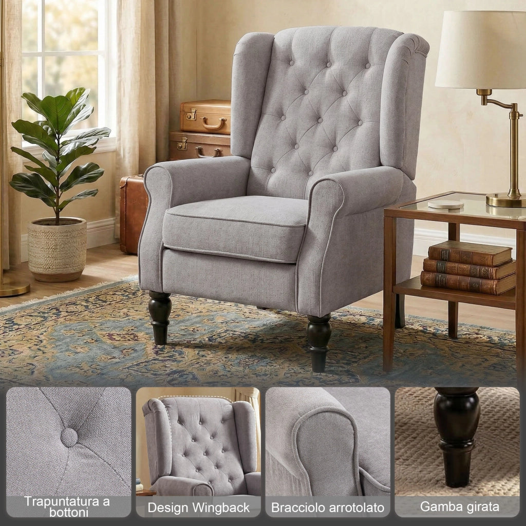 Poltrona Grigia Imbottita con Braccioli e Gambe in Legno ¨C zephmum ¨C 90x100x85