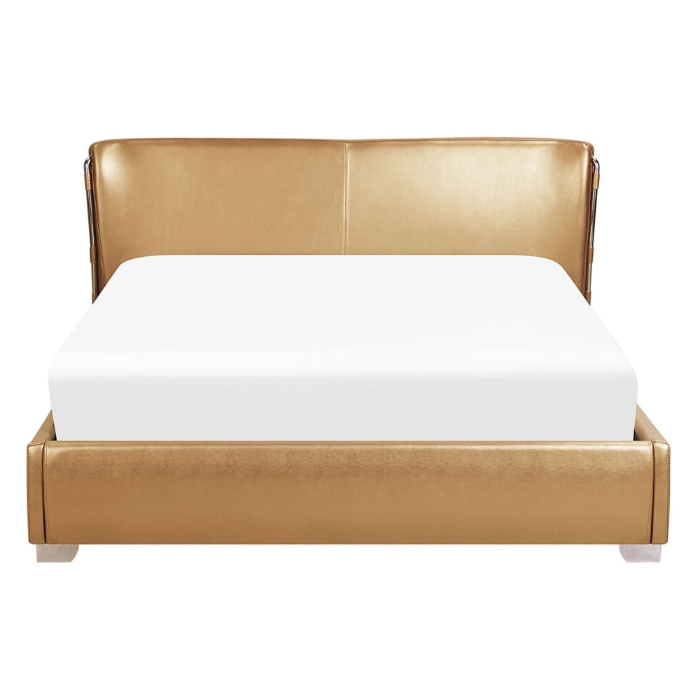 Letto ad acqua con rivestimento in pelle color dorato matrimoniale LED Lights Design moderno e glamour Poggiatesta curvo