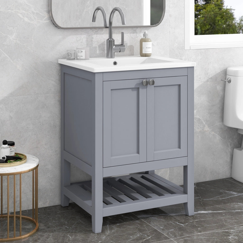 Mobile bagno con lavabo in ceramica; grigio e bianco
