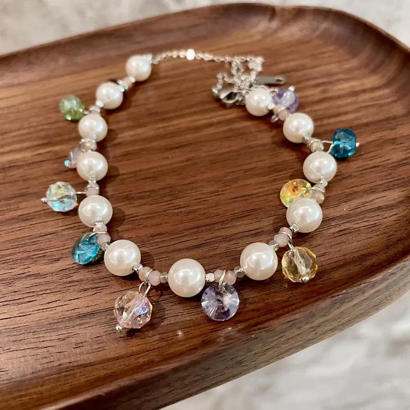 Collana e bracciale fatti a mano con perline colorate, cristalli e perle, regalo di Natale o di compleanno.