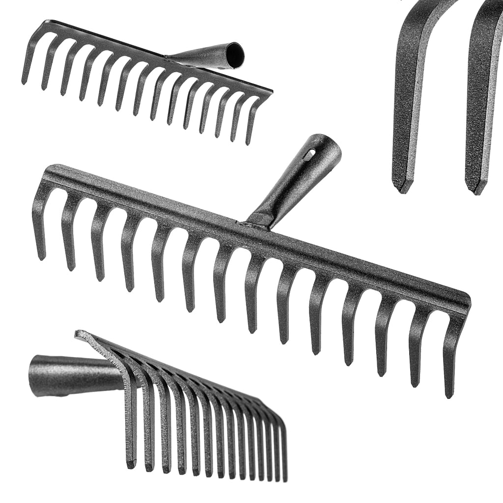 Rastrello per foglie in acciaio KADAX a 14 denti, senza manico, per terra ed erba.