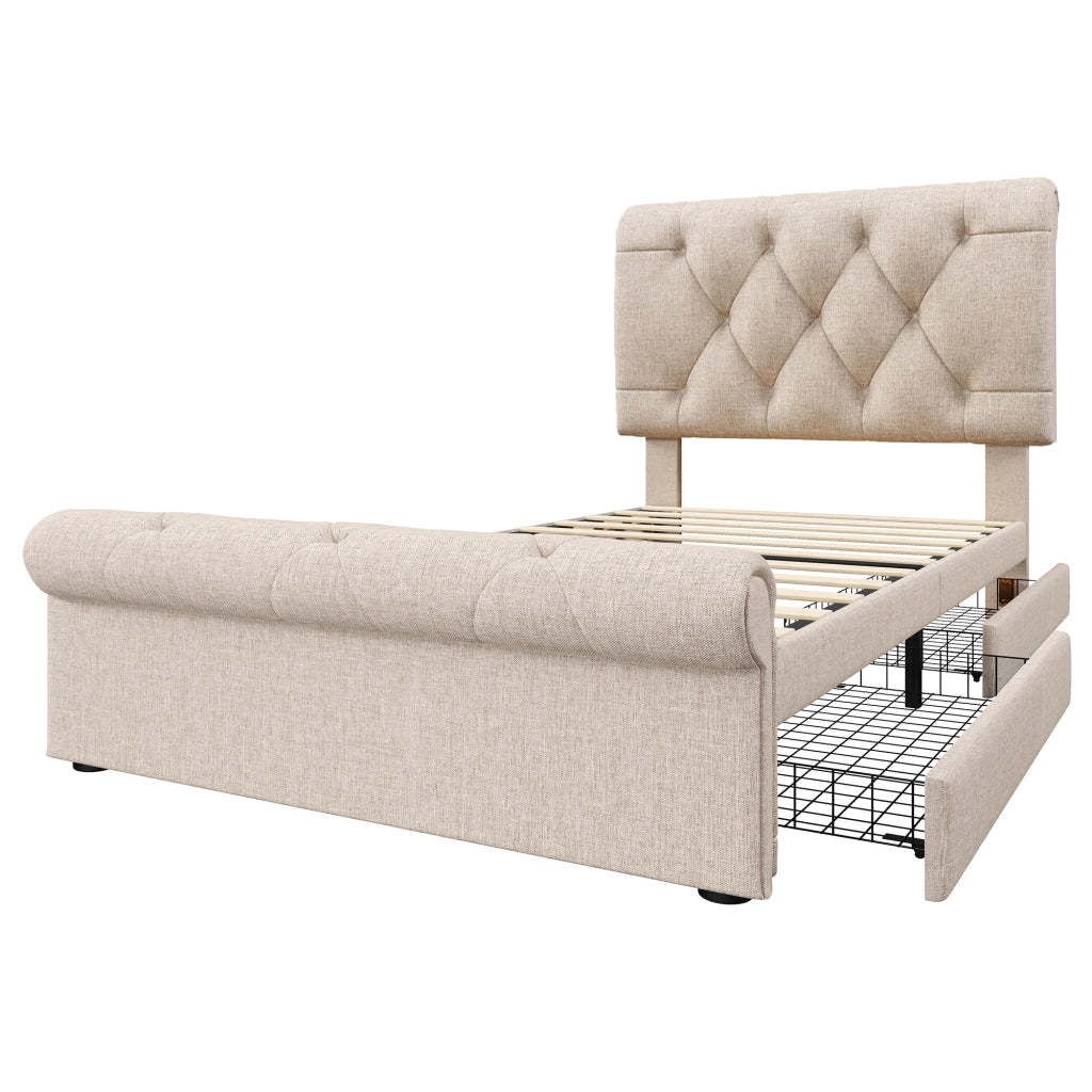 Letto singolo imbottito 90x200 cm con 2 cassetti, testiera regolabile, naturale