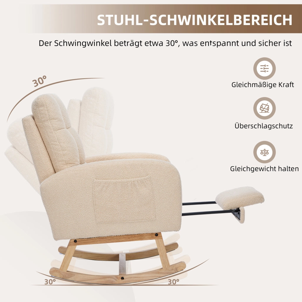 Poltrona a dondolo ergonomica beige in bouclé con tasca laterale