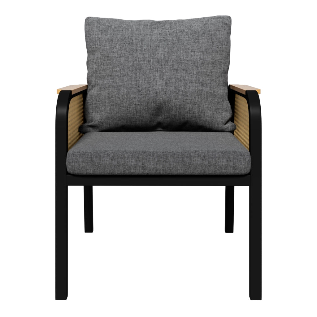 Tavolo e 6 Sedie da Giardino con Cuscini e Braccioli in Rattan; per 6 Persone e Terrazza; Ferro e Poliestere; Nero e Naturale