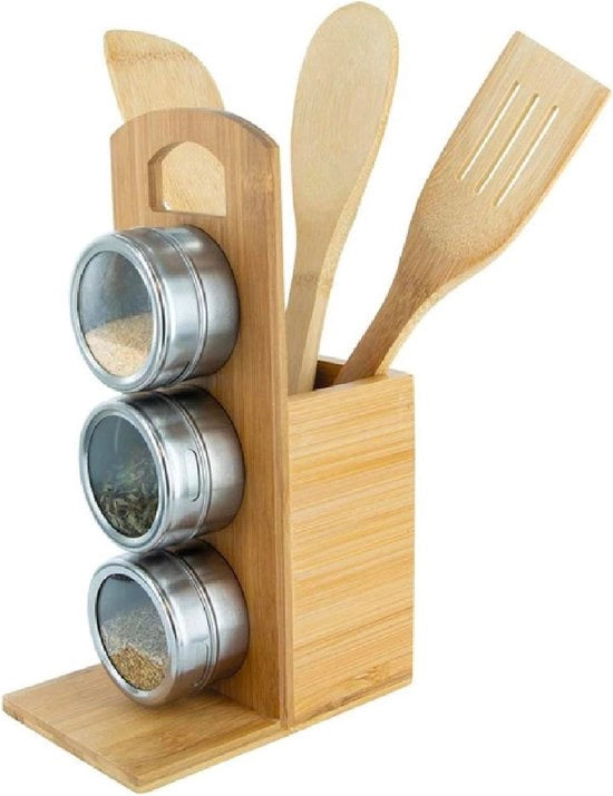 Set di Spatole a Manico di Bambù con Fori e Cestelli in Acciaio Inossidabile - 3 Pezzi