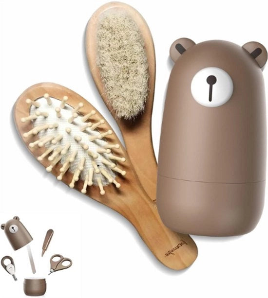 Set di cura per bambini 6 in 1 - Spazzola per capelli in legno & forbici - Trimmer per unghie & lima per unghie - Pinza per neonati e bambini - Confezione regalo accattivante